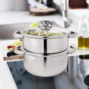 Pigeon By Stovekraft Steel X Steamer Stainless Steel Induction Base, Modak Maker/Momo Maker, Dual Compartment With Glass Lid, 4.6L Capacity, Silver