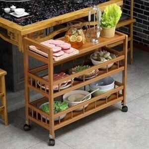 Olpad 3 Tier Trolley with Wheels Kitchen Rolling Cart Serving Trolley Seasoning Rack Bamboo Storage Cart Wine Serving for Dining Room, Kitchen
