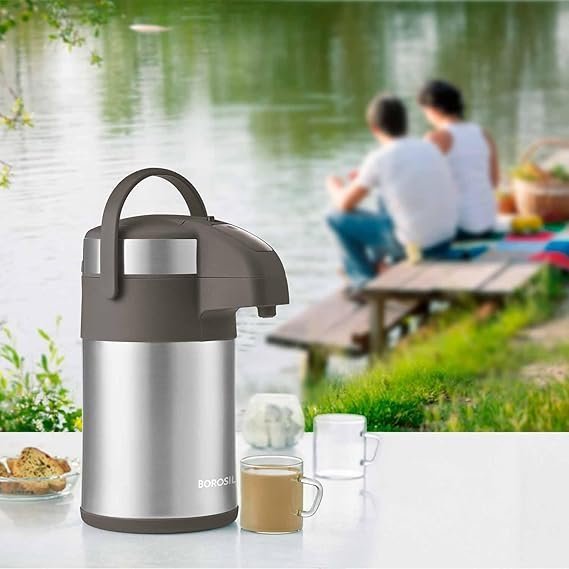 Borosil Hydra Airpot 3 L Stainless Steel Vacuum Insulated Beverage Dispenser with Handle, Pump, 360° Rotation Mechanism & Safety Lock, Leak Proof 24 Hrs Hot & Cold Tea/Coffee Serving Thermos Flask