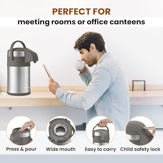 Borosil Hydra Airpot 3 L Stainless Steel Vacuum Insulated Beverage Dispenser with Handle, Pump, 360° Rotation Mechanism & Safety Lock, Leak Proof 24 Hrs Hot & Cold Tea/Coffee Serving Thermos Flask - Image 2