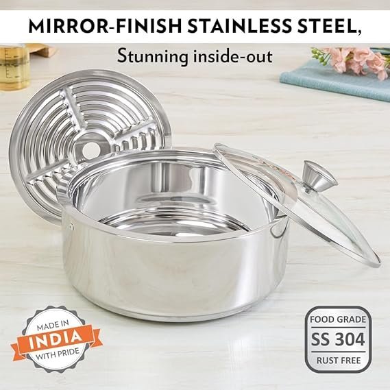 Borosil 2.5 L Stainless Steel Insulated Roti Server | Odur Proof, Food Grade, Toughned Glass Lid, Puf Insulated | Chapati Casserole, 1 Year Warranty