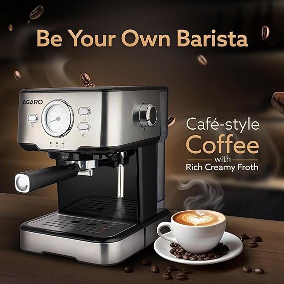 AGARO Imperial Espresso Coffee Maker, Coffee Machine, 15 Bars, With Foaming Milk, Frother Wand for Espresso, Cappuccino, Latte and Mocha, Steam Espresso Maker For Home, Adjustable Milk Frothing and Double Temperature Control System, Stainless Steel, 1100W. - Image 2