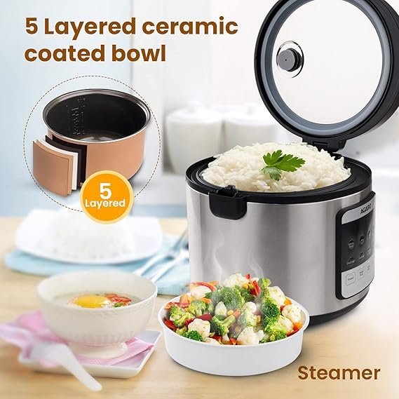 AGARO Royal Electric Rice Cooker,5 Litre Ceramic Coated Inner Bowl,Steam Basket,6 Preset Cooking Function With Advanced Fuzzy Logic,Keep Warm Function,Cooks Up To 8 Cups (1500G) Of Raw Rice,Silver. - Image 2