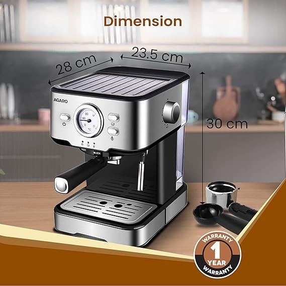 AGARO Imperial Espresso Coffee Maker, Coffee Machine, 15 Bars, With Foaming Milk, Frother Wand for Espresso, Cappuccino, Latte and Mocha, Steam Espresso Maker For Home, Adjustable Milk Frothing and Double Temperature Control System, Stainless Steel, 1100W. - Image 3