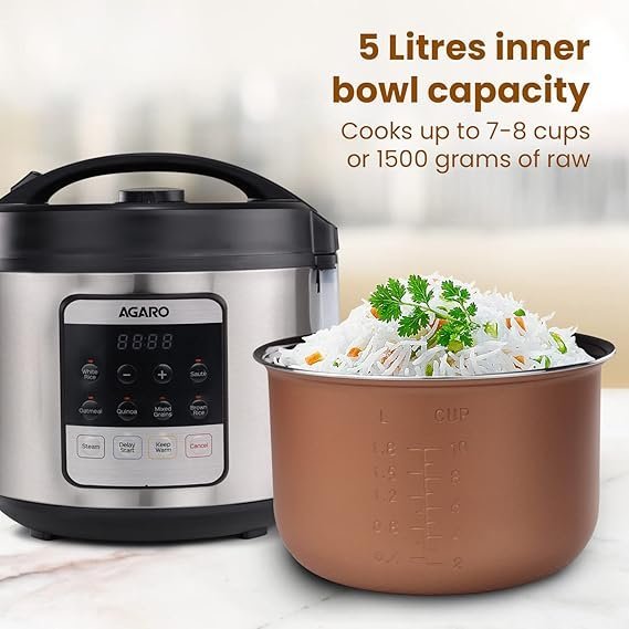 AGARO Royal Electric Rice Cooker,5 Litre Ceramic Coated Inner Bowl,Steam Basket,6 Preset Cooking Function With Advanced Fuzzy Logic,Keep Warm Function,Cooks Up To 8 Cups (1500G) Of Raw Rice,Silver. - Image 3