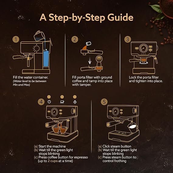 AGARO Imperial Espresso Coffee Maker, Coffee Machine, 15 Bars, With Foaming Milk, Frother Wand for Espresso, Cappuccino, Latte and Mocha, Steam Espresso Maker For Home, Adjustable Milk Frothing and Double Temperature Control System, Stainless Steel, 1100W. - Image 4